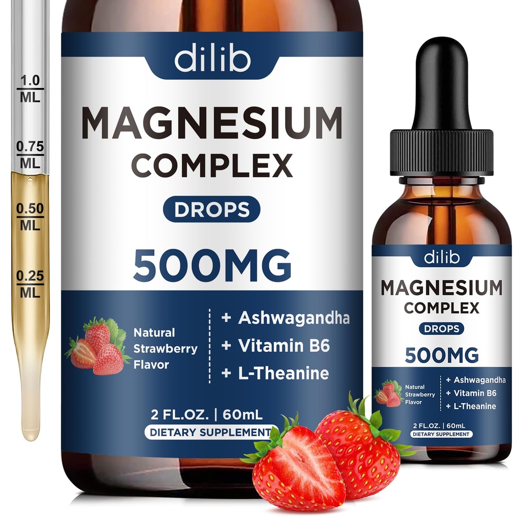 Triple Magnesio Complejo Suplemento-Magnesium Glycinate, Citrato, Malate Liquid Drops 500mg con Ashwagandha, L-Theanine, Vitamina B6 para Stress Relief, Sleep, Muscle Support-Strawberry Flavor