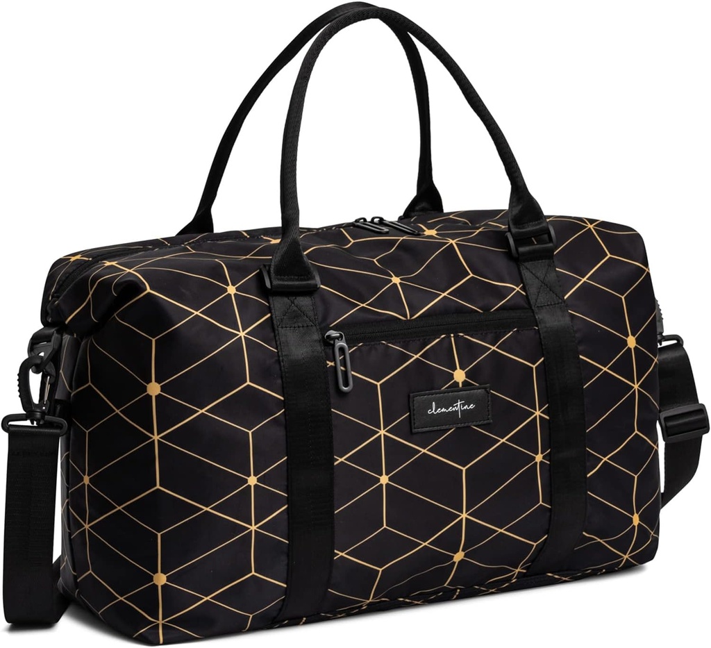 Clementine Tote Bag ¦ Weekender Bags for Women ¦ Perfect duffle Bag for Overnights, Traveling, and Gym ← Black/Gold Geometric - Medium