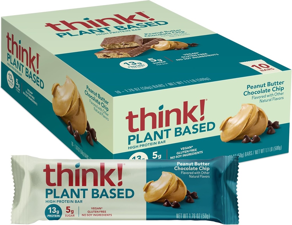 ¡Piensa! Barras de alta proteína Vegan/Planta - Chip de chocolate de mantequilla de maní, 13g Proteína, 5g Azúcar, No Sweeteners artificiales, Proyecto no GMO Verificado, 10 Conde (Paquete May Vary)