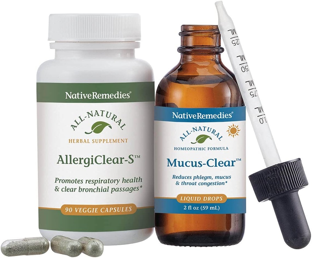 Remedios nativos Clear Sinus & Throat ComboPack - Natural Homeopático Mucus-Clear para la flema y la congestión y suplemento herbal AllergiClear-S para la salud respiratoria y la función