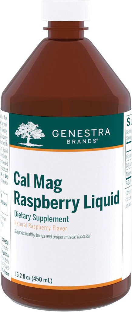 Genestra Marcas Cal Mag Raspberry Liquid ← Calcio y Magnesio Citrate Fórmula con Vitamina D Silencio 15.2 fl. oz.