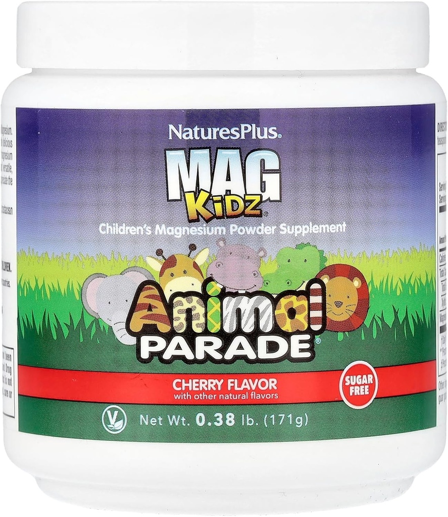 NaturesPlus Animal Parade MagKidz, Cherry Flavor - 0.38 lb - Suplemento de polvo de magnesio para niños - Soporte de salud de huesos y músculos - Gluten Free, Sugar Free - 45 Servings