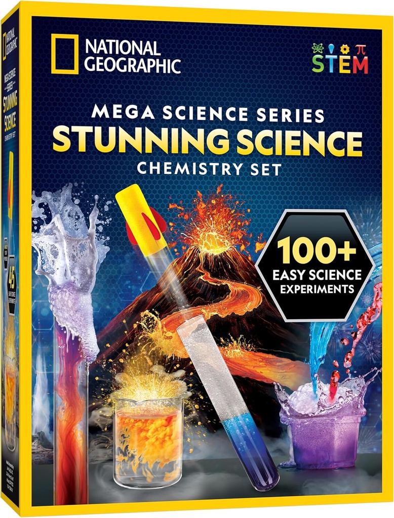 National Geographic Stunning Chemistry Set - Mega Science Kit with 45 Easy Experiments- Make a Volcano and Launch a Rocket, STEM Projects for Kids Ages 8-12, Science Toys (  Exclusive)