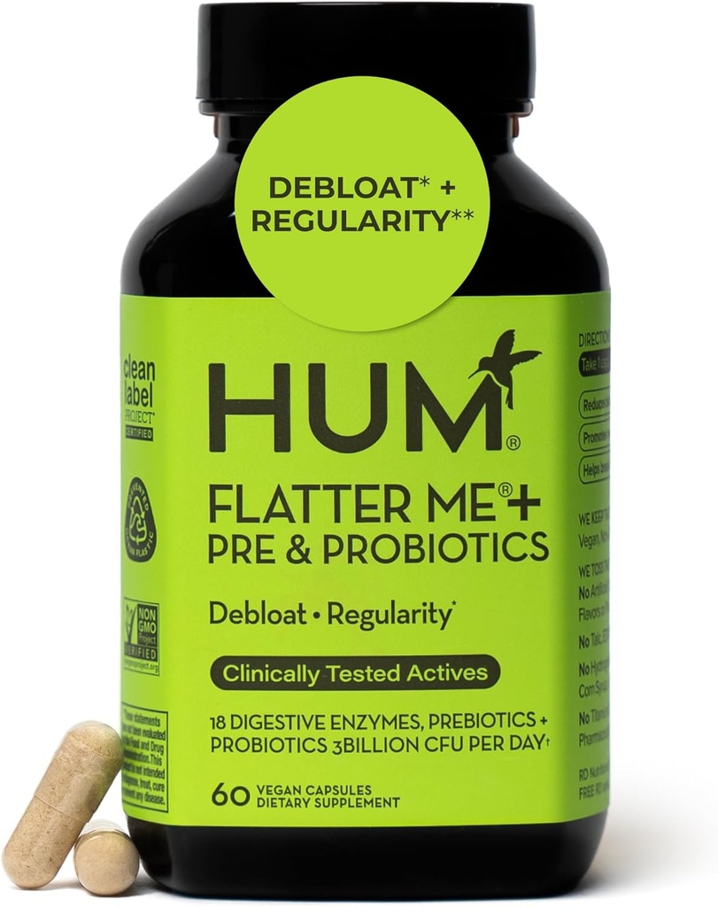 HUM Flatter Me Digestive Enzymes Plus Prebiotics & Probiotics, Digestive Health Bloating Supplement for Women &amp; Hombres, Fast Acting Anti Bloat Pills Multi Enzyme for Debloating, Vegan, 60 Capsules