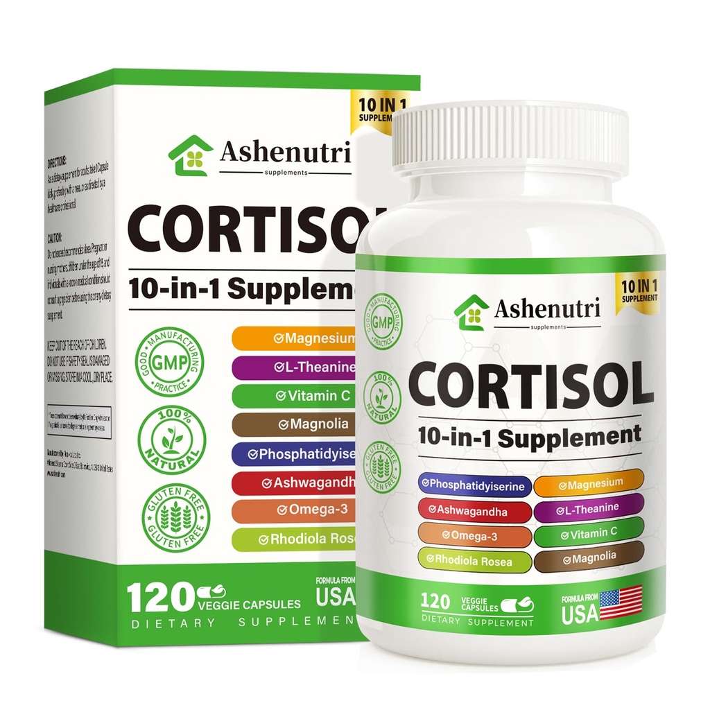 Ashenutri 10-in-1 Cortisol Supplement with Magnesium,Ashwagandha,Rhodiola Rosea,L Theanine,Hormone Balance for Women 120 Vegan Capsules