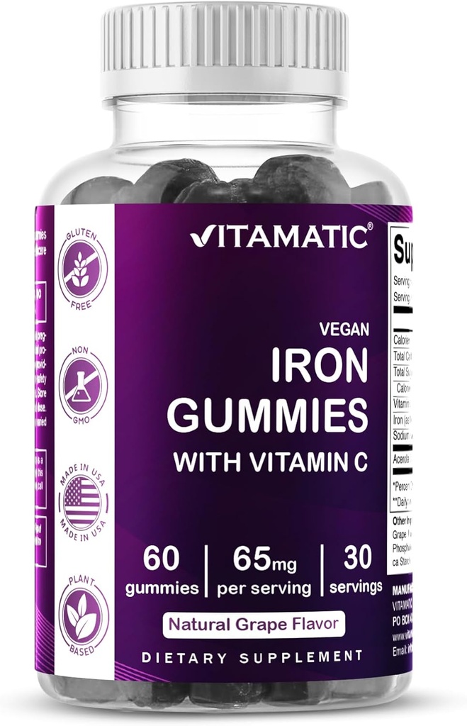 Vitamatic Iron 65 mg Gummies Suplemento para Hombres Mujer - 60 Gummies Vegan - Gran Tasting Iron Gummy Vitaminas con Vitamina C (1)