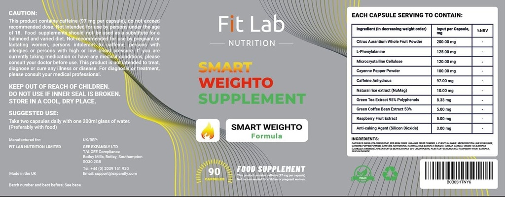 Fit Lab - Smart Weighto Management, Food Supplement - 90 Capsules - Vegan, Halal y Vegetarian Supplements for Women and Men - 45 Days Supply - Gym Essentials