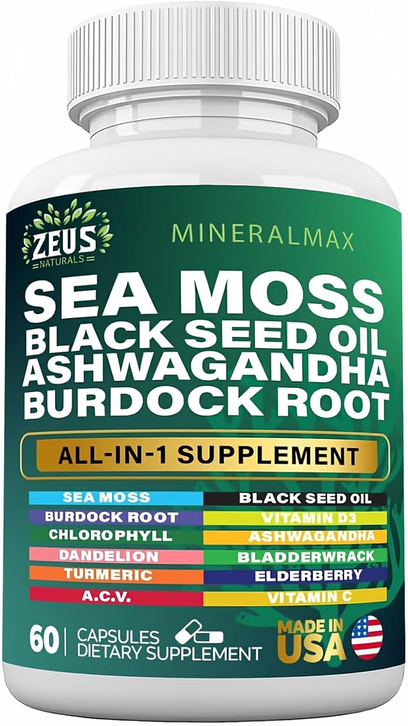 Sea Moss 3000mg Black Seed Oil 2000mg Burdock Root 1000mg Bladderwrack 1000mg Turmeric 1000mg Ashwagandha 1000mg - Elderberry, VIT C, VIT D3, Manuka, ACV (60 Cuenta)