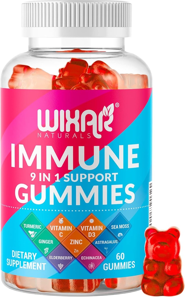 9 in 1 Immune Support Gummies with Elderberry, Vitamin C adultoD, Zinc, Turmeric, Ginger, Echinacea, Astragalus &amp; Sea Moss for Immunity Supplement - 60 Gummies