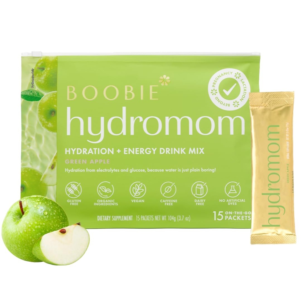 Boobie Hydromom Superfood Electrolyte Drink Mix, Green Apple ← Refreshing Energy " Hydration Boost for Mamas ← Sobre el objetivo " Travel Essentials for Pregnancy, Lactation, " Beyond, 15 Packets