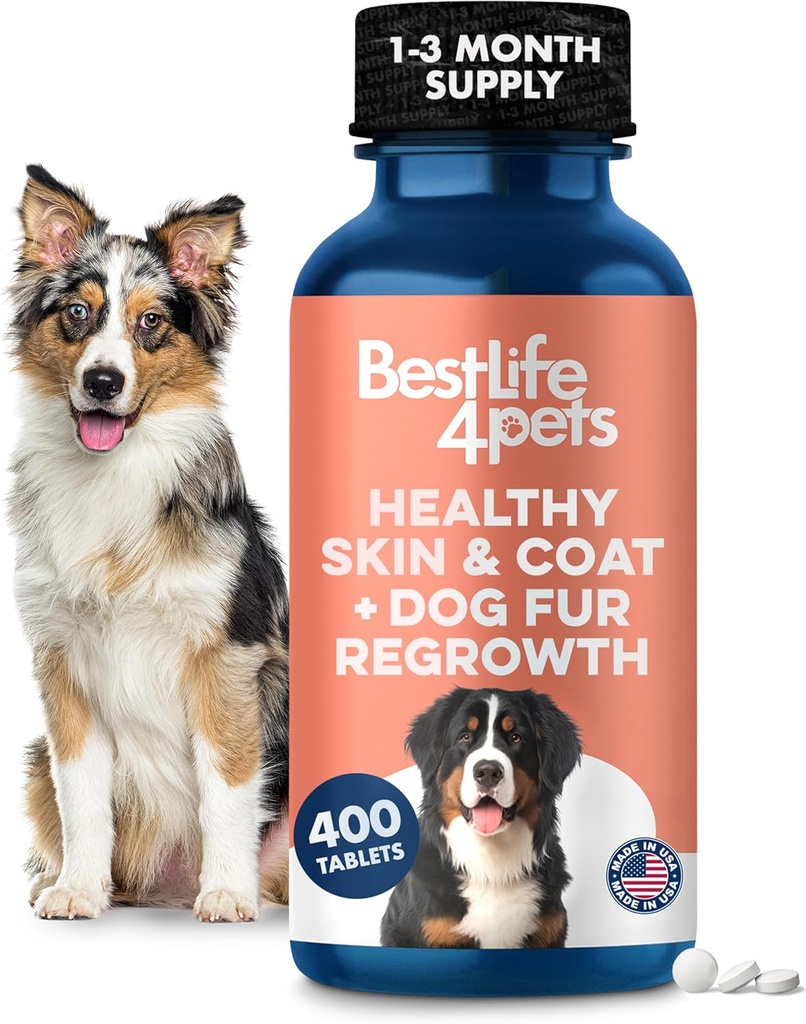 Natural Skin &amp; Coat Supplement for Dogs, Large and Small, Dog Anti Itch Relief for Dry Skin, Rash, Allergy or Irritation, Reduce la ropa de cama, Dandruff y apoya el crecimiento del cabello de perros, 400 pequeñas píldoras