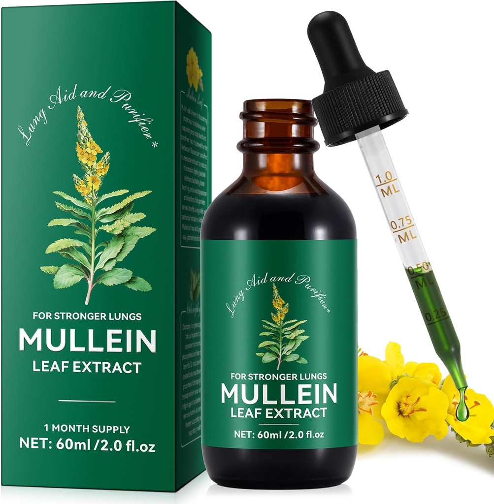 Mullein Drops for Lungs, Mullein Leaf Tincture Drops | 2 fl oz |Mullein Leaf Extract for Lungs Detox and Respiratory Lung Health, Support for Respiratory, Natural Herbal Supplement