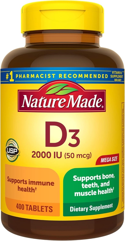 Natural Made Vitamina D3 2000 UI (50 mcg), Suplemento de vitamina D para el Hueso, Dientes, Musculo e Immune Health Support, 400 Tabletas, 400 Day Supply