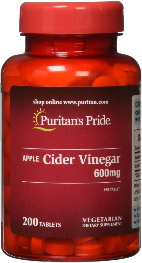 Puritan's Pride Apple Cider Vinegar 600 mg, Suplemento dietético vegetariano, 6 meses de suministro, 200 tabletas (Packing May Vary)