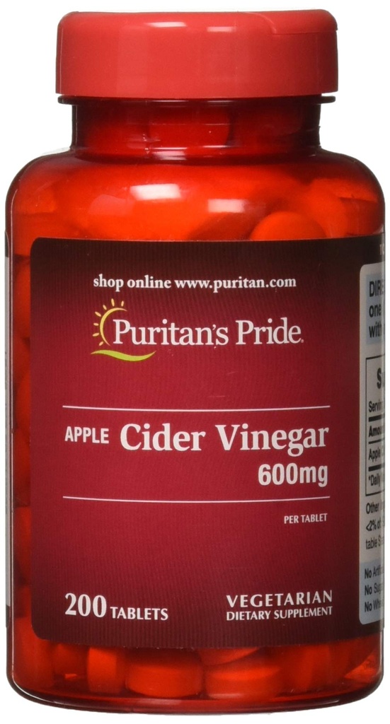 Puritan's Pride Apple Cider Vinegar 600 mg, Suplemento dietético vegetariano, 6 meses de suministro, 200 tabletas (Packing May Vary)