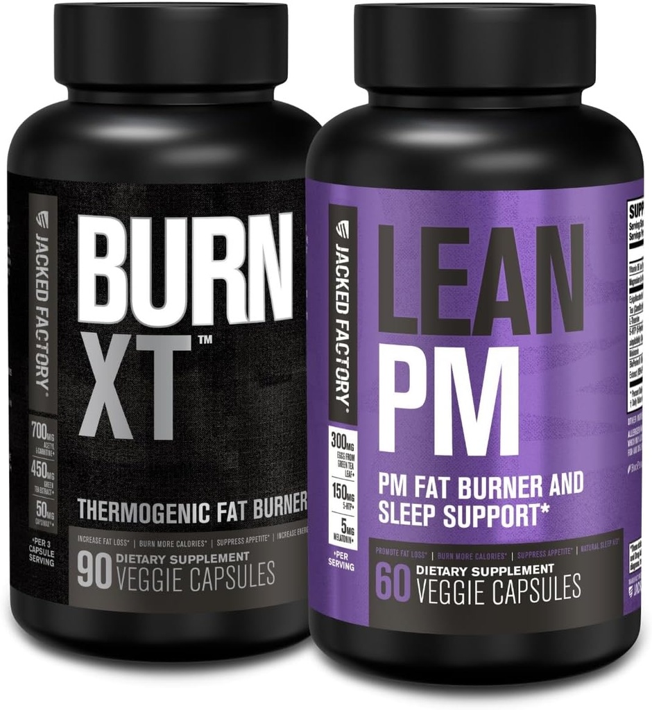 Jacked Factory Burn XT Thermogenic Fat Burner - Appetite Suppressant " Nootropic Energy Booster (90 Capsules) " Lean PM Weight Loss Supplement, Sleep Support  durable (60 Capsules)