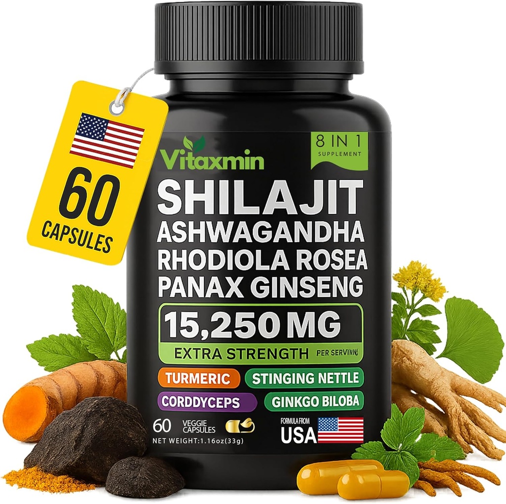 Shilajit y Ashwagandha Capsules, 8-en-1 Herbal Multivitamin para Hombres y Mujeres, con Rhodiola Rosea, Ginseng y Stinginginging Nettle, Shilajit para Hombres y Mujeres