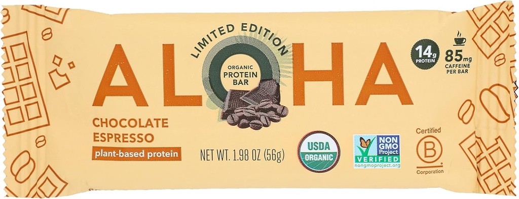 Aloha Organic Chocolate Espresso Protein Bares, 14g Plant-Based Protein, 85mg Caffeine, USDA Certified Organic, Gluten Free ' Non-GMO, 1.98 Oz (Pack of 12)