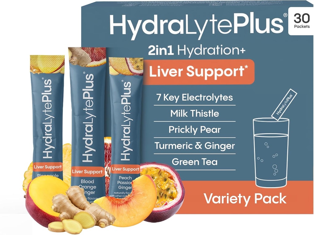 Hydralyte Liver Support + Electrolyte Mix with Milk Thistle, Turmeric, Ginger, Prickly Pear, Green Tea Extract Formulated for Rapid Rehydration (Variety Flavor, 30 Packets)