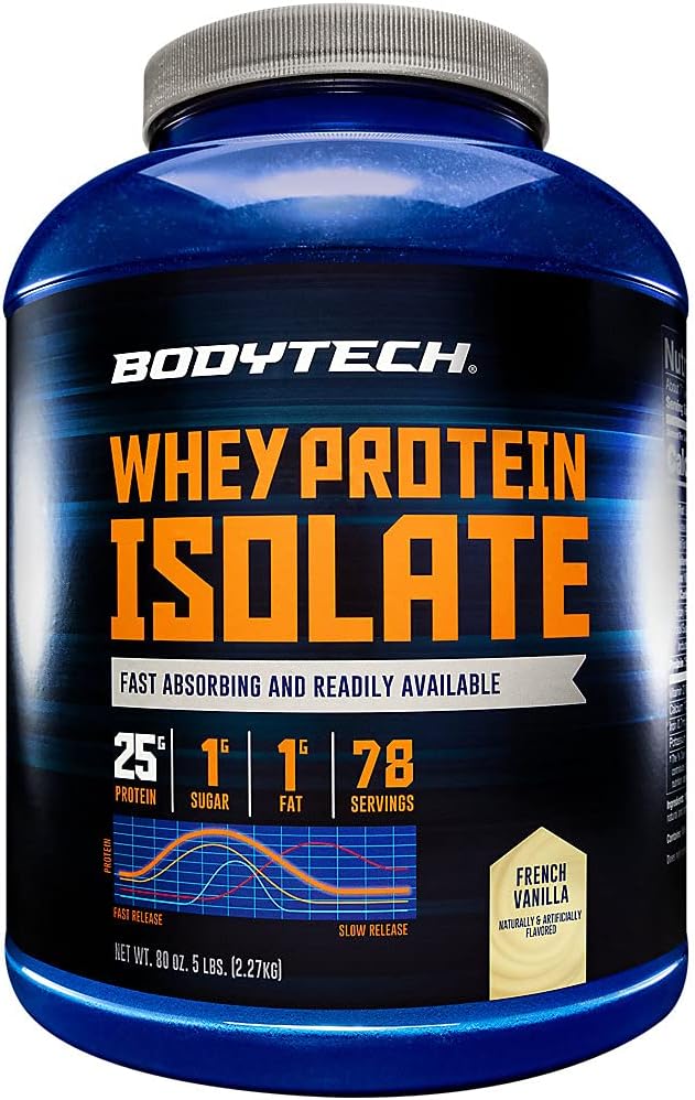 BODYTECH Whey Protein Isolate Powder - con 25 Grams de Protein por Serving &amp; BCAA's - Ideal para el edificio del músculo post-operatorio " Crecimiento, Contiene leche " Soy - Vanilla (5 libras)