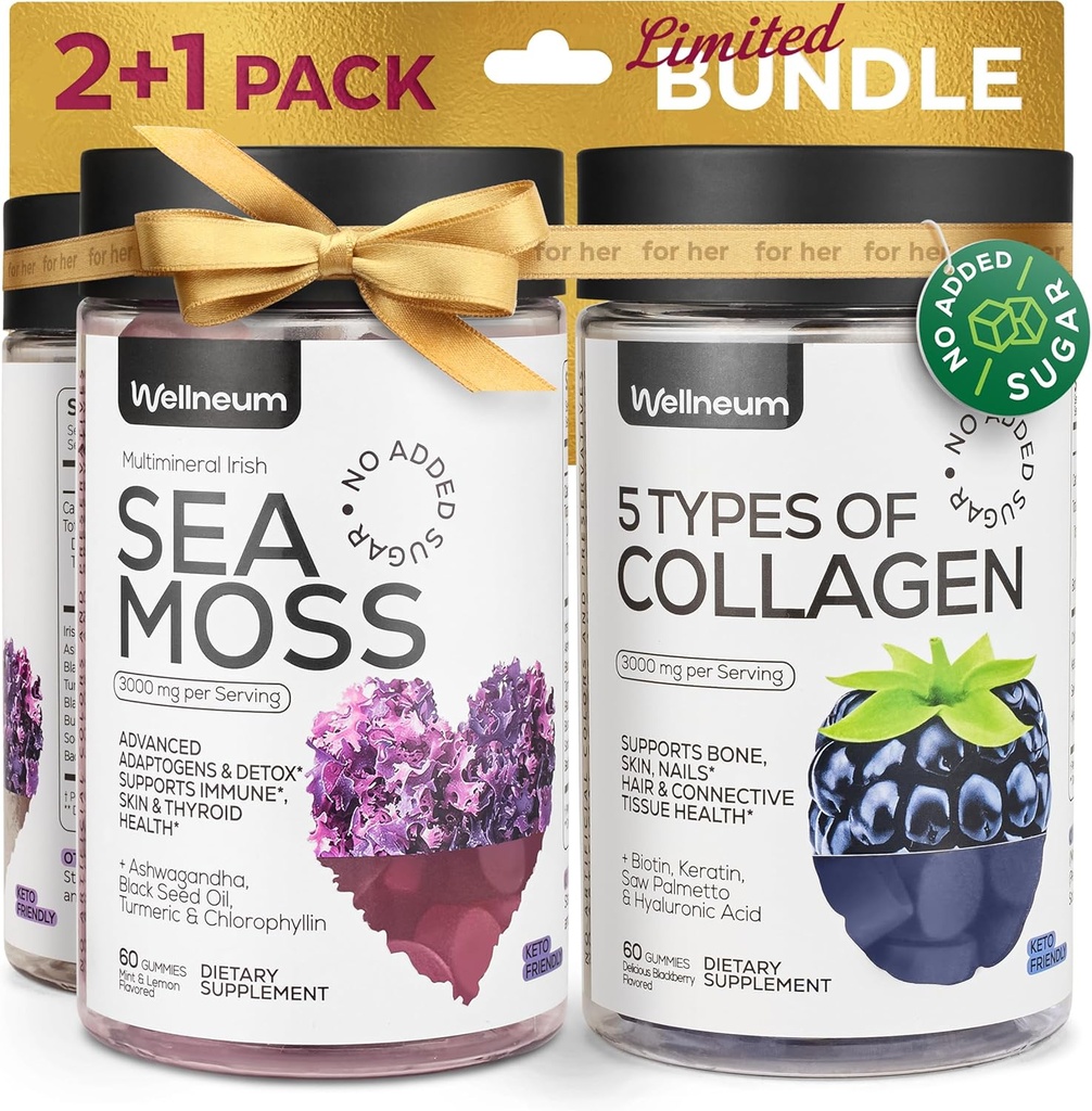 Collagen and Sea Moss Gummies Bundle - Colagen Peptides, Irish Sea Moss, Biotin, Keratin, Bladderwrack - Suplemento Gummy para la inmunidad, Detox, Healthy Hair, Skin and Nails - para hombres y mujeres