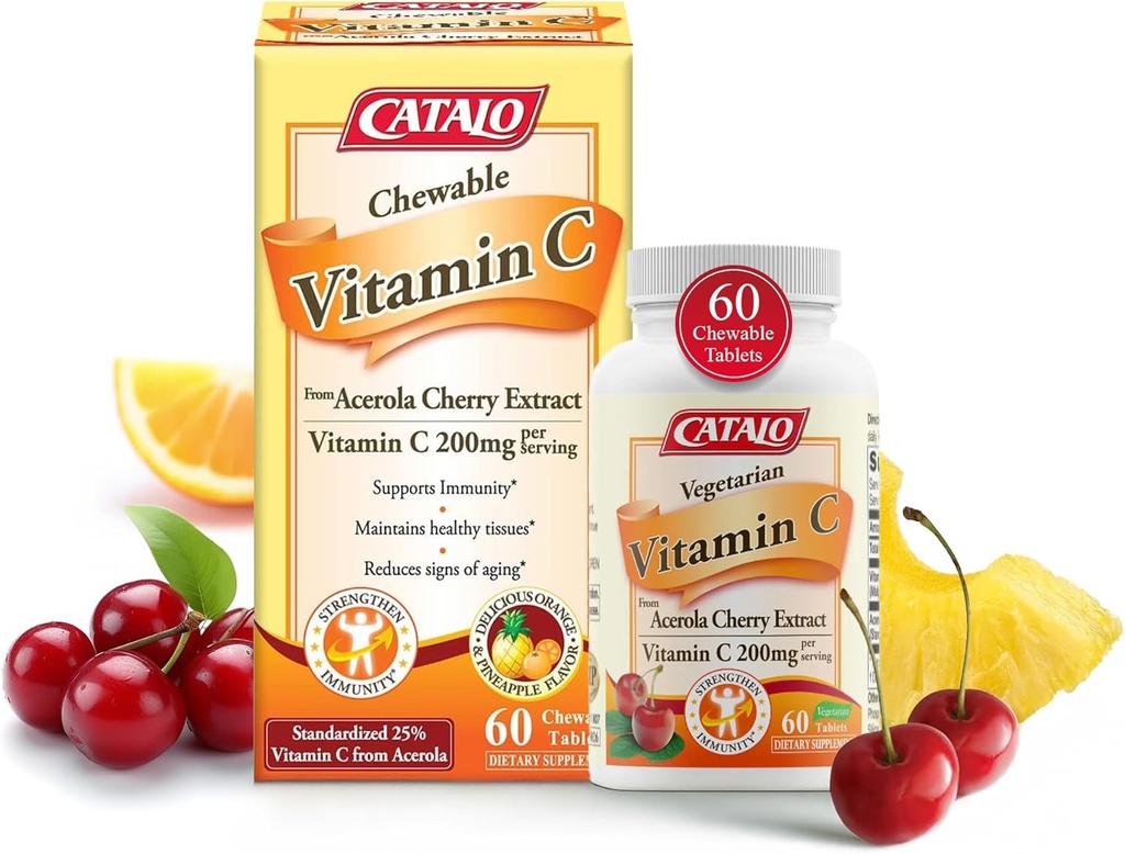 CATALO Vitamina C Fórmula - Acerola Cherry Extract, 200mg Vitamina C por Serving, Rejuvenecimiento de la piel, Producción de colágeno, Delicious Orange &amp; Pineapple Flavor, 60 Tablas Chewable