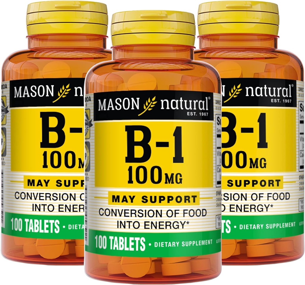 Masón Vitamina Natural B1 (Thiamin) 100 mg, Conversión Sanitaria de Alimentos en Energía, Apoya Salud Nerve e Inmunitaria, 100 Tabletas (Pack of 3)