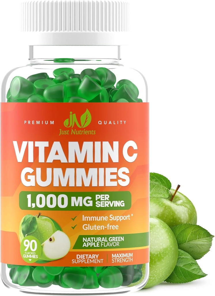 Vitamina C Gummies 1000mg para Adultos &amp; Niños - Maximum Strength Chewable Immune Support, Collagen Support - Sour Green Apple Flavor - Gluten Free, Non-GMO, Vegetarian - 90 Gummies (30 Servimientos)