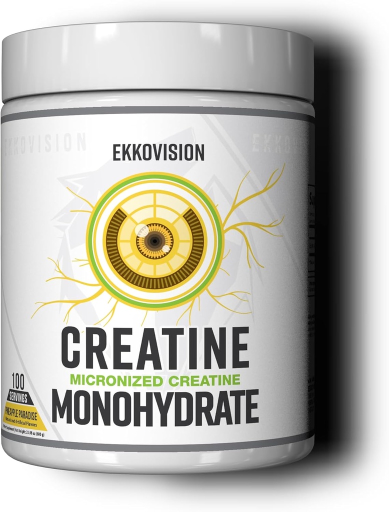 Ekkovision Creatine Monohydrate Powder, Micronized, Pineapple Paradise, Pre Workout &amp; Post Workout Suplemento para Hombres y Mujeres, Energy Support, Easy to Mix in Shakes, Smoothies & Beverages, 100 Srvgs