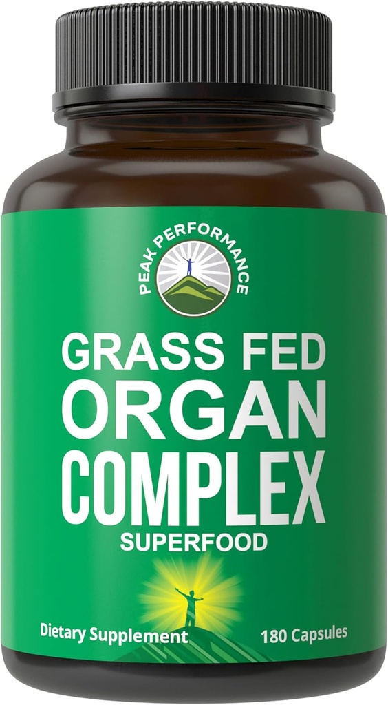 Peak Performance Grass Fed Beef Organ Complex from New Zealand (180 Capsules) Desiccated Organs Superfood Pills. GrassFed Beef Liver Capsules with Heart, Kidney, Pancreas, Spleen. Suplemento
