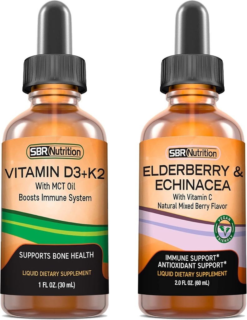 SBR Nutrition D3+K2 and Elderberry Bundle Vitamin D3K2 (MK7) Liquid Drops, Peppermint,1oz ← Elderberry &amp; Echinacea &amp; Vitamina C Liquid Drops, 2oz  durable Adults &amp; Kids ← Non-GMO, Gluten Free