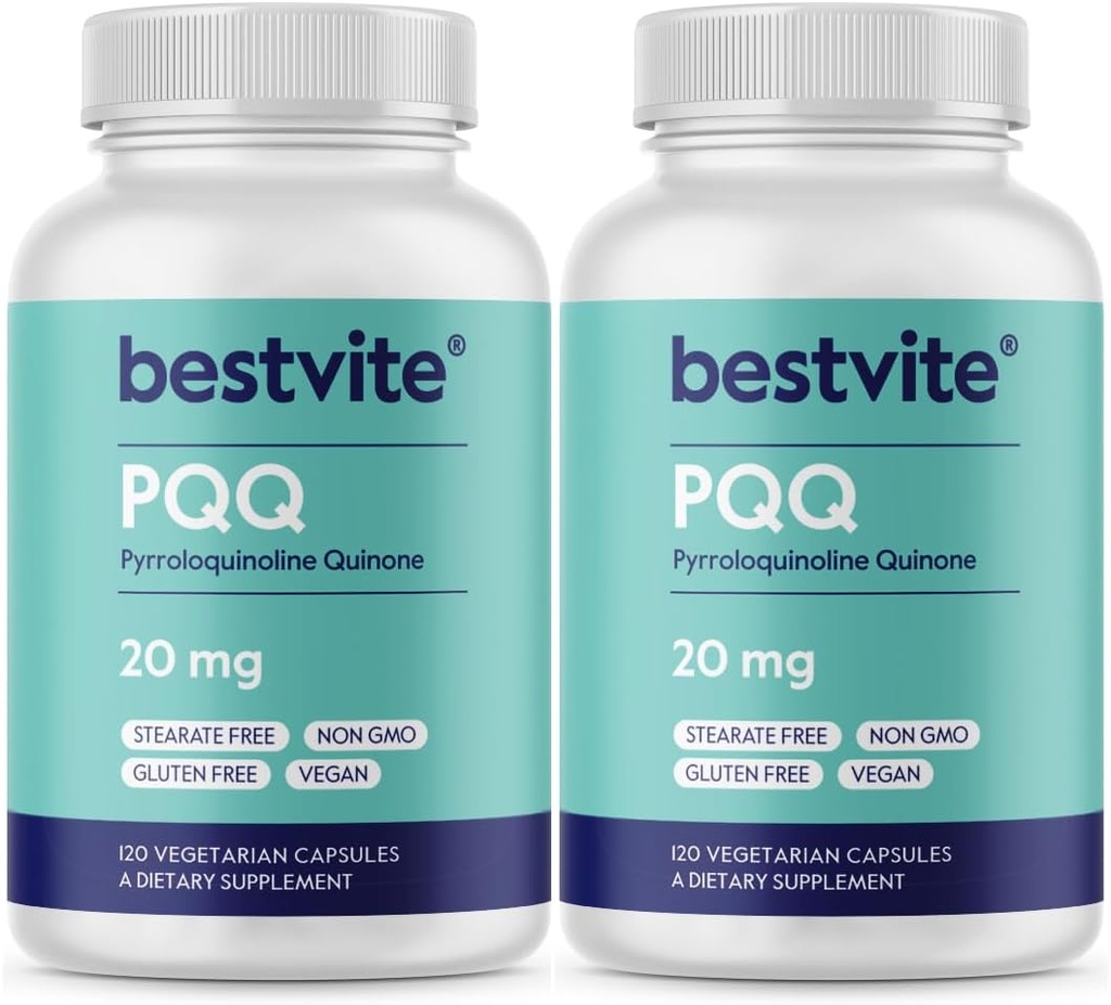 BESTVITE PQ 20mg (Pyrroloquinoline Quinone) (240 cápsulas vegetarianas) (120 x 2) - No Stearates - Vegan - No GMO - Gluten Gratis