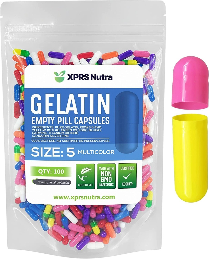XPRS Nutra Size 5 Empty Capsules - 100 Cuentas Muy Pequeñas Gelatina Capsules - Pills DIY Capsule Filling - Fillable Pill Gel Caps for Do-It-youself Vitamin Supplements (Multi Color)