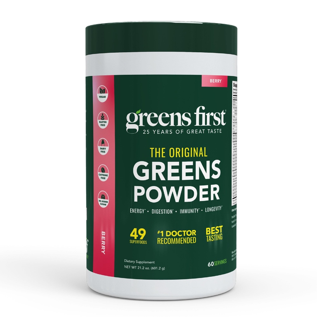 Greens First Original Greens Powder - 49 Superfoods - Organic Fruits & Veggies - Prebiotics, Probiotics & Digestive Enzymes - Antioxidant Smoothie - Dairy Free, Vegan " Non-GMO (Berry, 60 Servings)