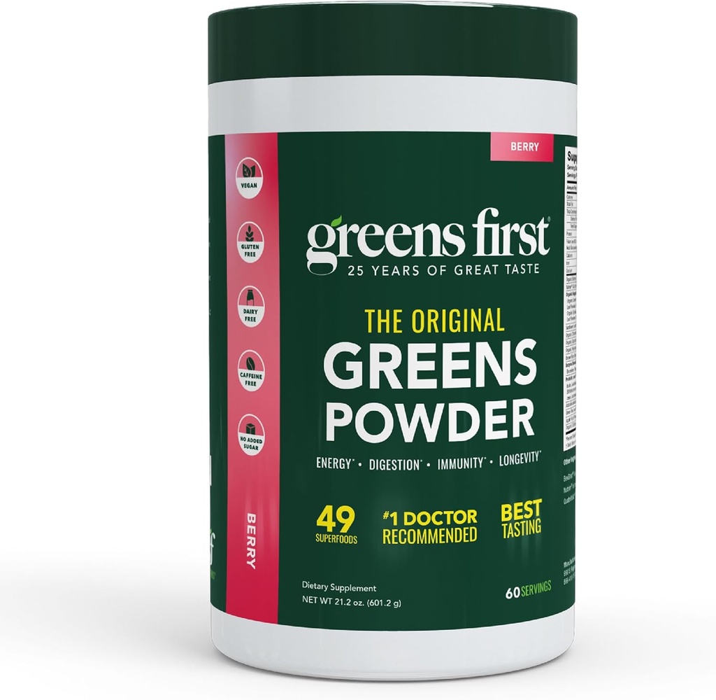 Greens First Original Greens Powder - 49 Superfoods - Organic Fruits & Veggies - Prebiotics, Probiotics & Digestive Enzymes - Antioxidant Smoothie - Dairy Free, Vegan " Non-GMO (Berry, 60 Servings)