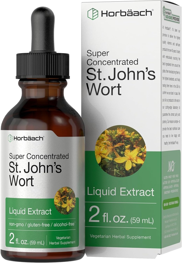 Horbäach St Johns Wort Tincture TENIDO 2 Fl Oz TENIDO Alcohol Libre Silencio Vegetarian Líquido Extracto Silencioso No GMO, Gluten Suplemento Libre