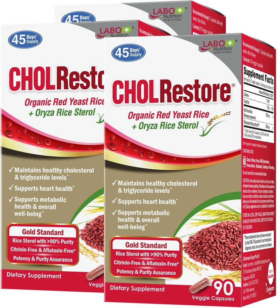 LABO Nutrition CHOLRestore – Red Yeast Rice with Phytosterol Health Supplement, Supports Healthy Cholesterol Levels, Citrinin " Aflatoxin Free, 90 Vege Capsules 3x3