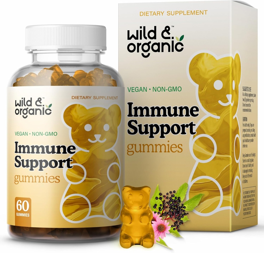 Wild &amp; Organic Immune Support Gummies - Elderberry 1000mg &amp; Vitamin C 500mg - Natural Immune Support Supplement - Vegan Immunity Gummies with Vitamin C D Zinc - 60 Count