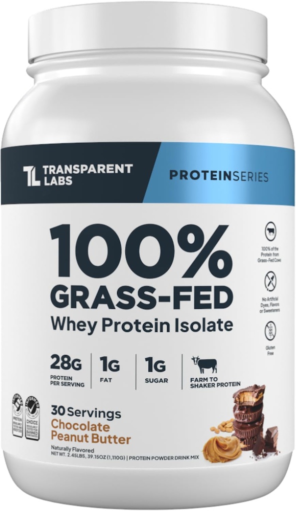 Transparent Labs Grass-Fed Whey Protein Isolate - Naturally Flavored, Gluten Free Whey Protein Powder with 28g of Protein per Serving & 9 Amino Acids - 30 Servings, Chocolate Peanut Butter