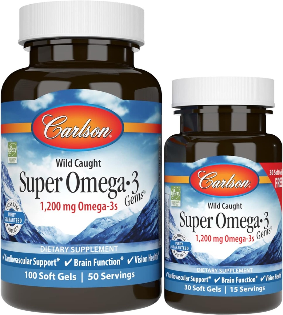 Carlson - Super Omega-3 Gems, 1200 mg Omega-3 ácidos grasos con EPA y DHA, aceite de pescado noruego de caza silvestre Omega 3 Suplemento, Omega 3 de origen sostenible aceite de pescado, 100+30 Softgels