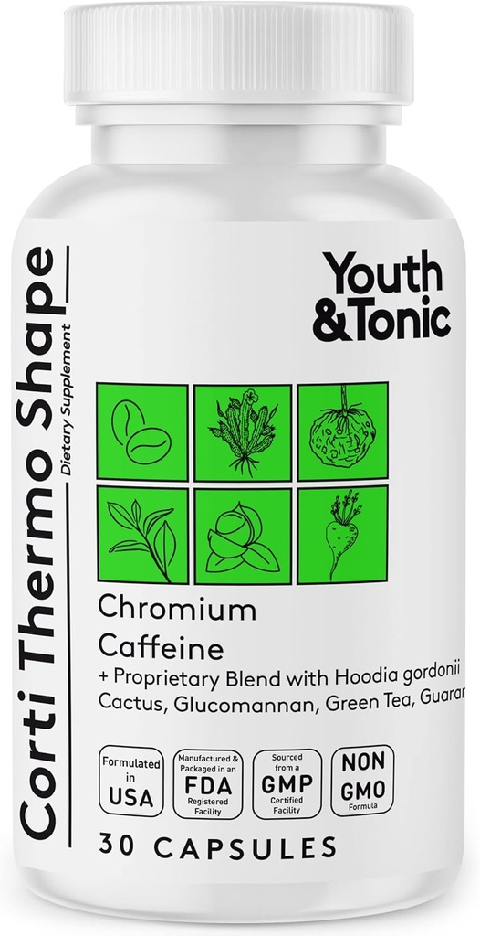 Jóvenes &amp; Tonic Thermogenic Suplemento 30 Capsules as Advanced Diet Support for Energy Metabolism Focus for Hombres and Women with Caffeine Chromium Glucomannan Guarana Hoodia Gordonii