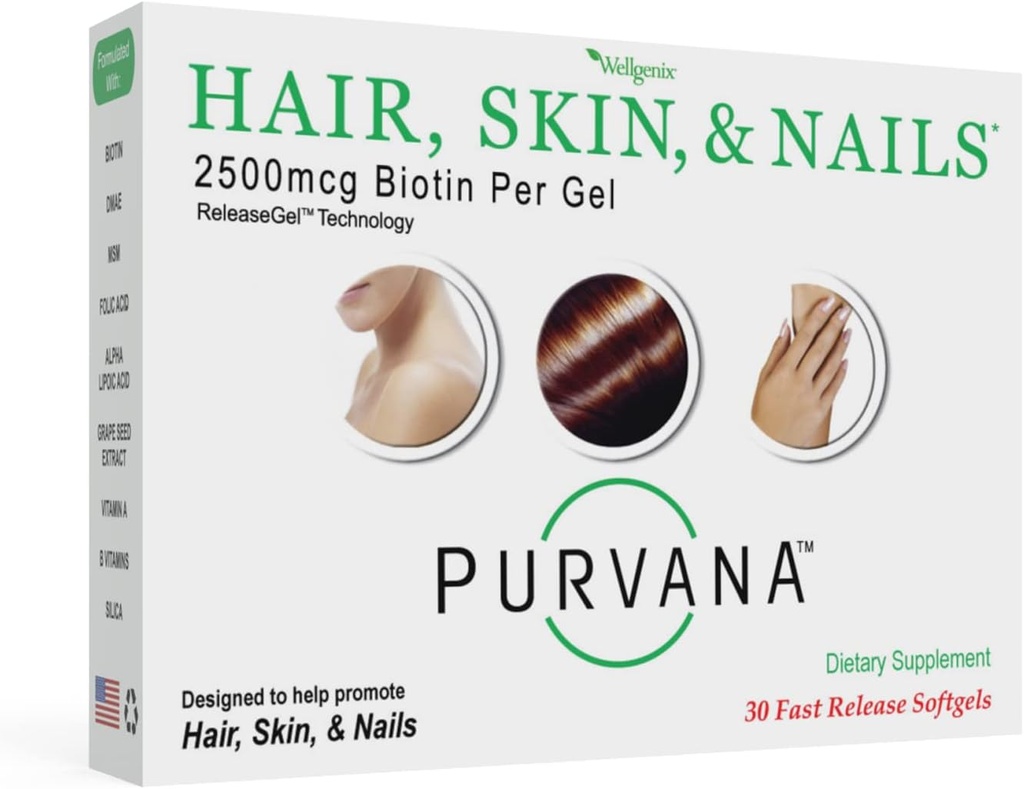 Wellgenix Purvana Hair, Skin, and Nails Vitamin - 2500mcg Biotin, Folic Acid, DMAE, Grape Seed Extract - One a Day Softgels - PCOS & Postpartum Hair Loss Support - (30 Count)