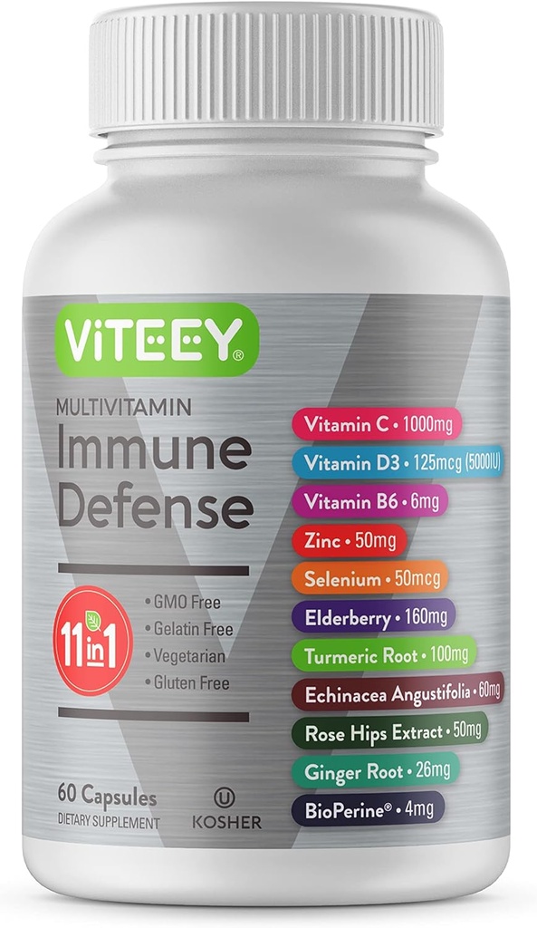 Viteey 11 en 1 Suplemento de Apoyo Inmuno - Defensa Inmuna con Vitamina D3, B6, Echinacea, Turmérica, Rose-HIPS, Selenium, BioPerine, Ginger, Elderberry Vitamina C y Zinc - 60 Cuenta