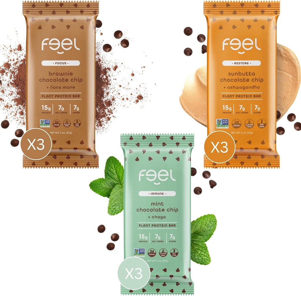 Feel Vegan Protein Bares ← Chocolate Lovers ← Keto Silencio Gluten Gratis Silencio Orgánica Silencio Lions Mane Silencio Chaga Silencio Ashwagandha ← 15g Protein Silencio Bajo Sugar Silencio No GMO Silencio Sunbutta + Brownie + Mint - 9 Pack