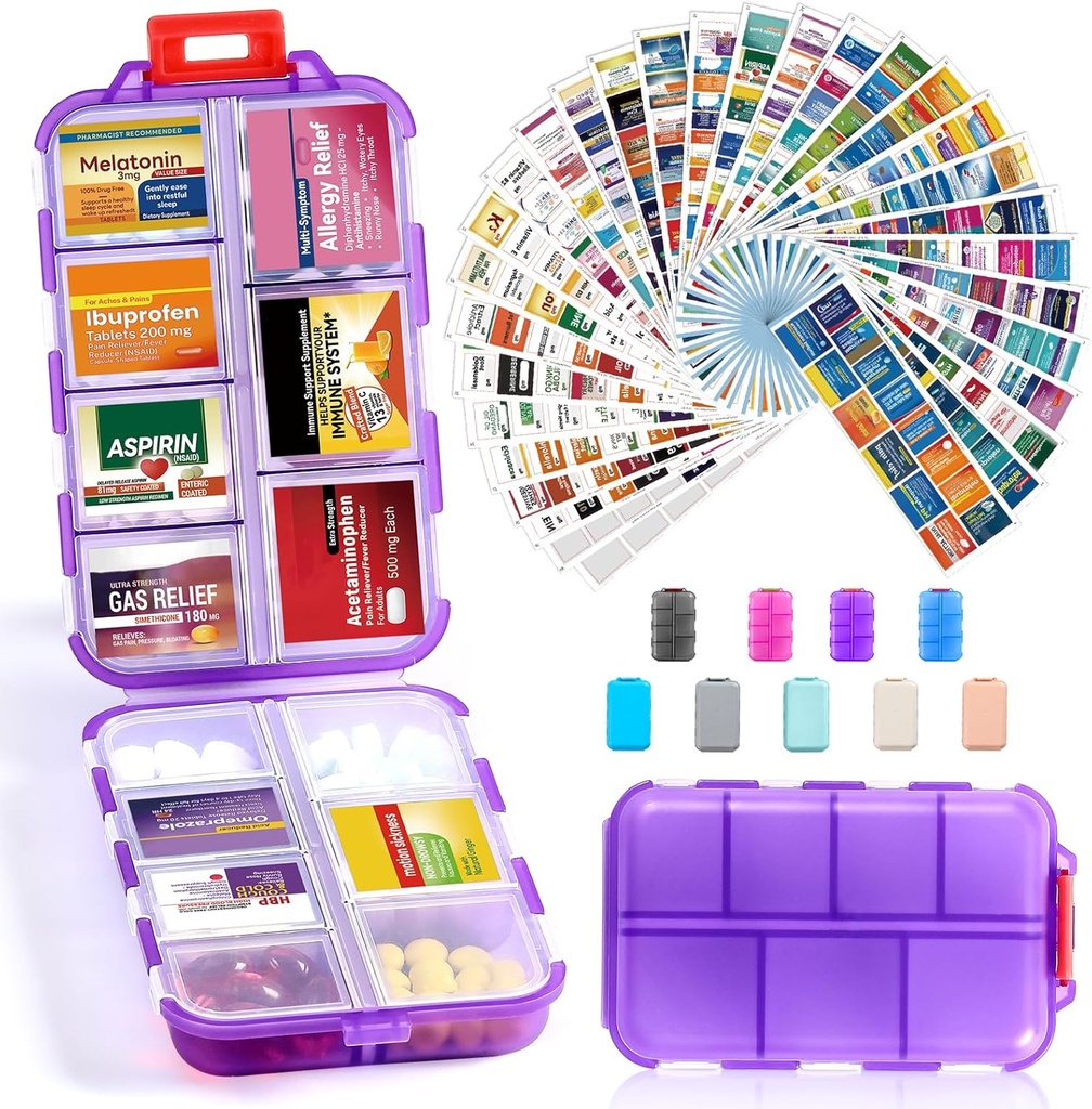 14 Grids Travel Pill Organizer Box con 415-Pcs Medicine Name Labels, Pocket Daily Pharmacy Case Container, Travel Medication Holder Dispenser Kit for Fish Oil Vitamin Storage Supplement -Clear Purple