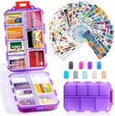 14 Grids Travel Pill Organizer Box con 415-Pcs Medicine Name Labels, Pocket Daily Pharmacy Case Container, Travel Medication Holder Dispenser Kit for Fish Oil Vitamin Storage Supplement -Clear Purple