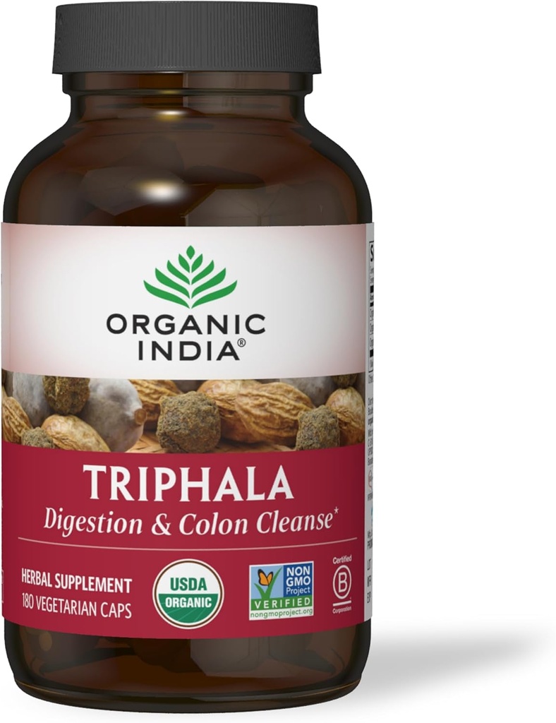 ORGANIC INDIA Triphala Capsules Orgánico - Suplemento herbario con Amla, Bibhitaki, Haritaki, Digestión > Apoyo al sistema inmunitario, Adaptógeno, Vegan, USDA Orgánica certificada - 180 cápsulas