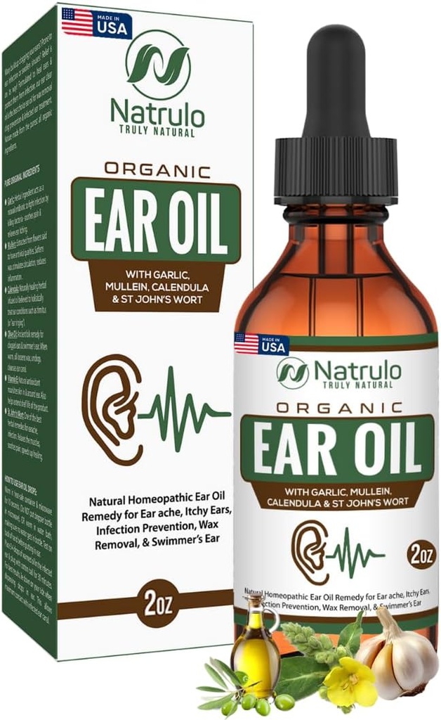 Aceite de oído ecológico para la infección del oído - Natural Eardrops for Ear Pain, Swimmer's Ear &amp; Wax Removal - Niños, Adultos, Baby &amp; Dog Earache Remedy - Ear Drops with Mullein, Garlic Made in USA