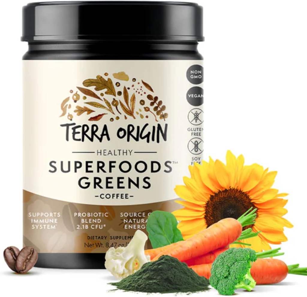 TERRA ORIGIN Superfoods Greens Blend Immune and Digestive Support ¦ Organic Vegetable Supplement with Tumeric, Milk Thistle, Green Tea, Chlorella ← Non-GMO, Gluten-Free, Vegan ← Café Silencioso 30 Servings