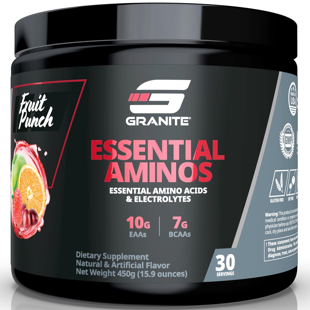 Aminoácidos esenciales Granito Polvo para la recuperación muscular y el crecimiento con 10g EAAs y 7g BCAAs - libre de soja, libre de gluten, 448g (30 servidos), sabor de fruta
